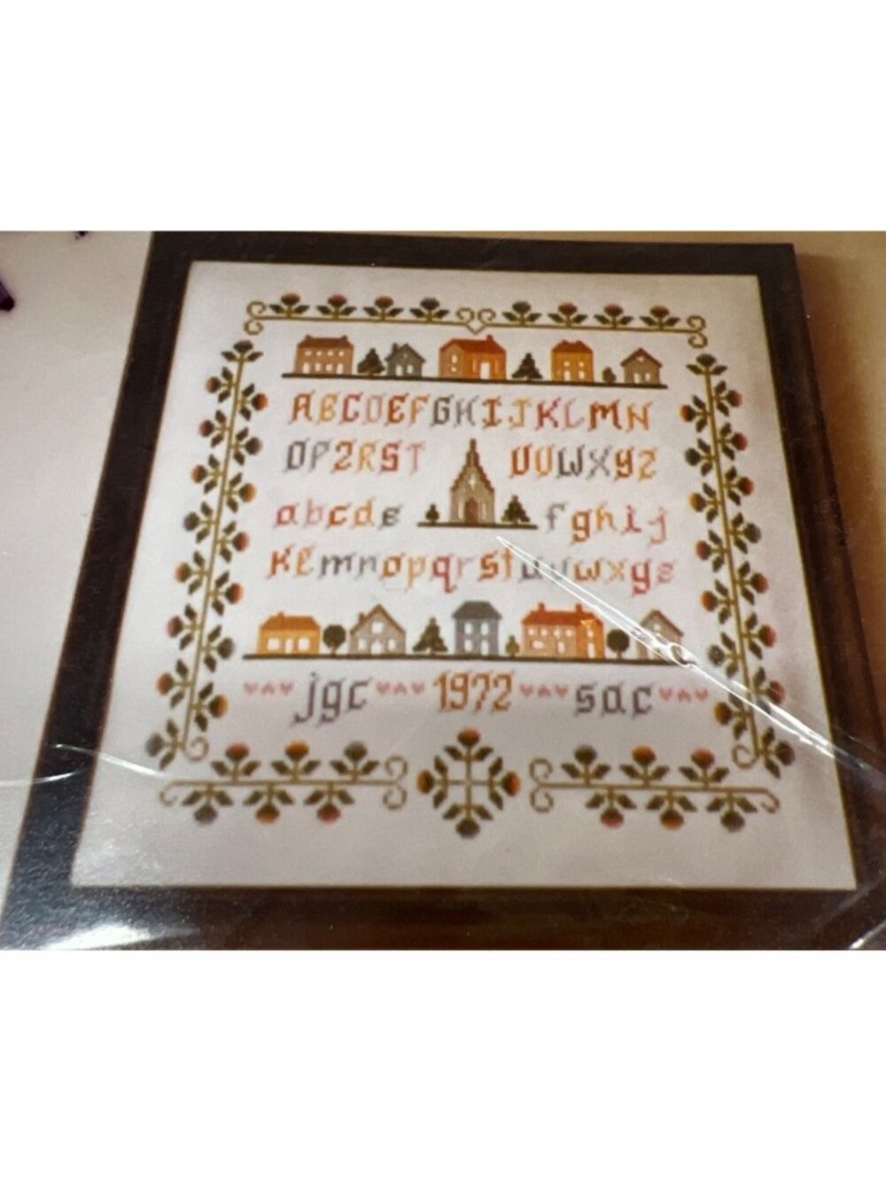 RARE Vintage 1972 Sharon Anne Designs Cross-Stitch Kit Alphabet & Village Scene